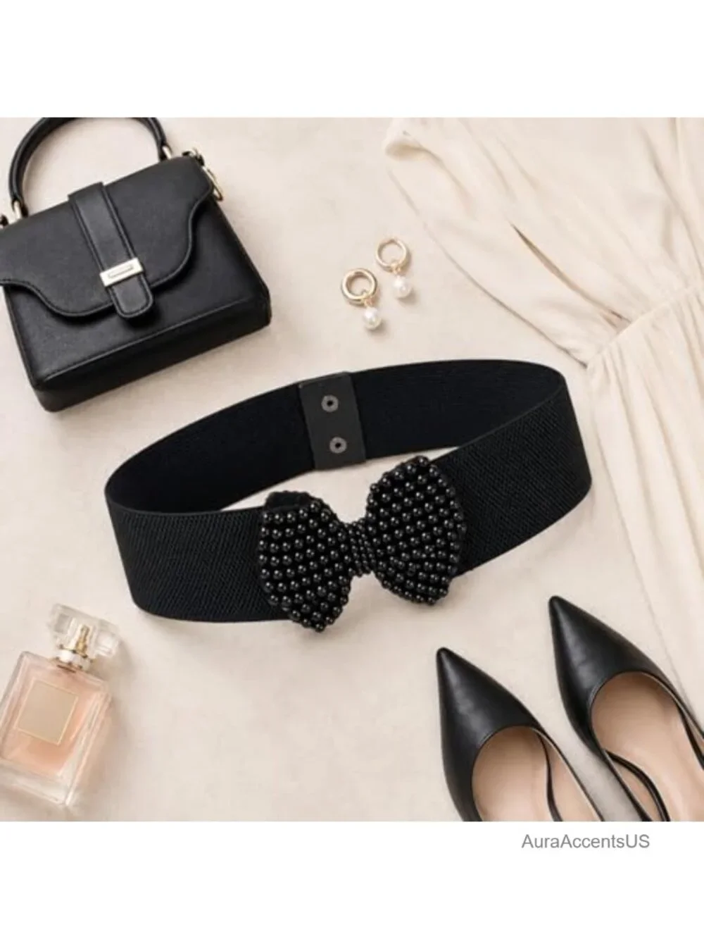 Stretch Waistband Pearl Bow Elastic Dress Belt
